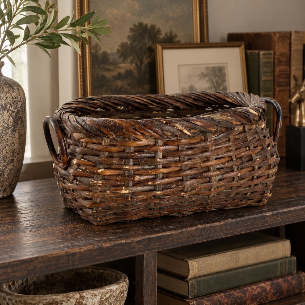 Vintage Dark Wicker Basket with Two Handles, Rustic Shelf Storage